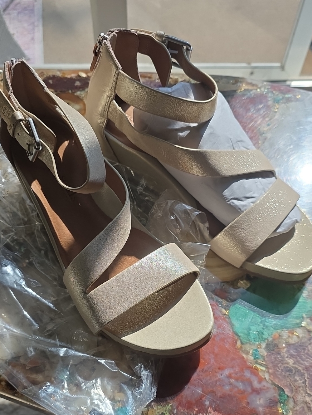 gentle souls Iridescent Champagne Beige Wedge Sandals
